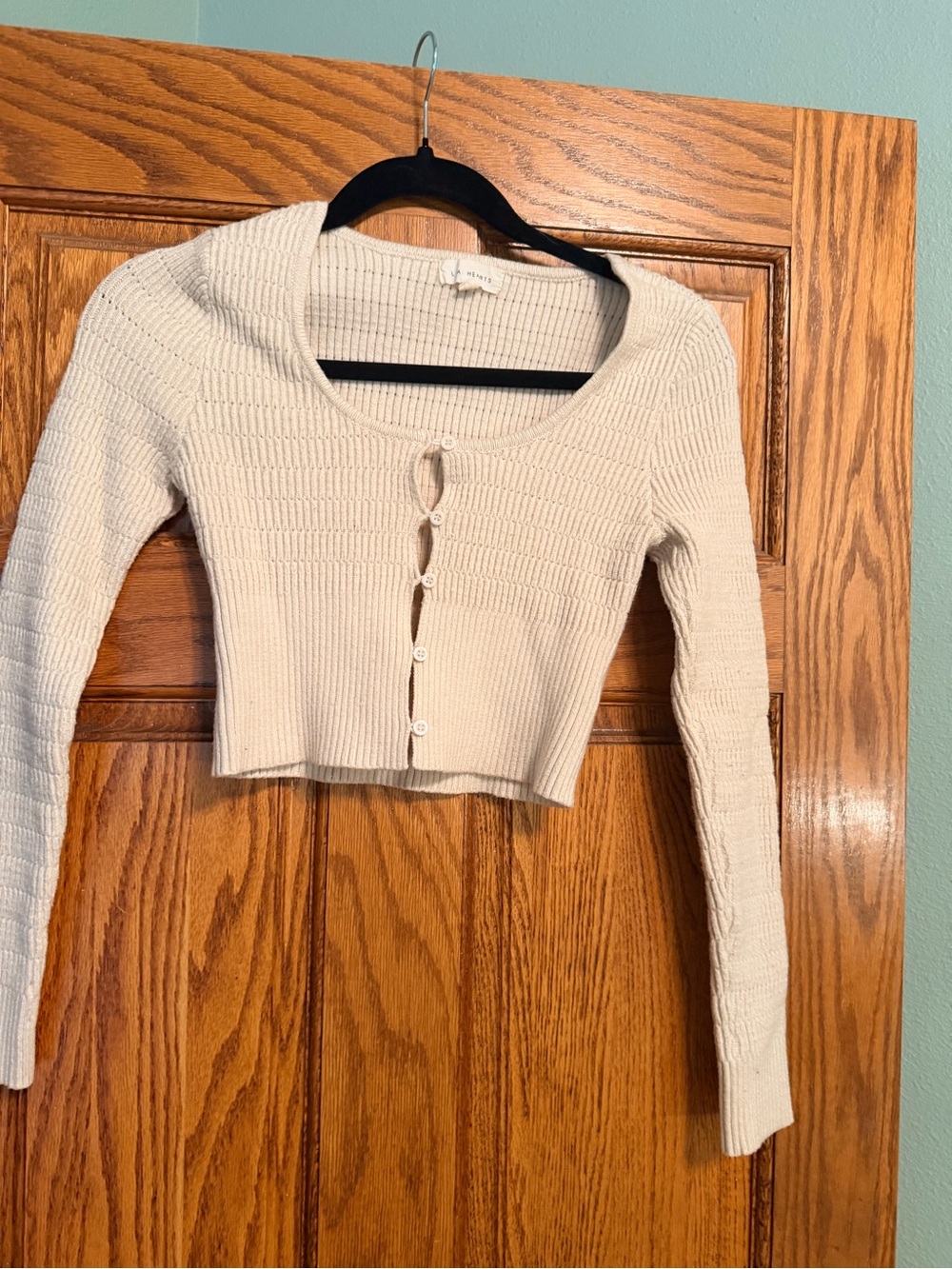 La Hearts Cream Cropped Ribbed Button-Front Long Sleeve Top